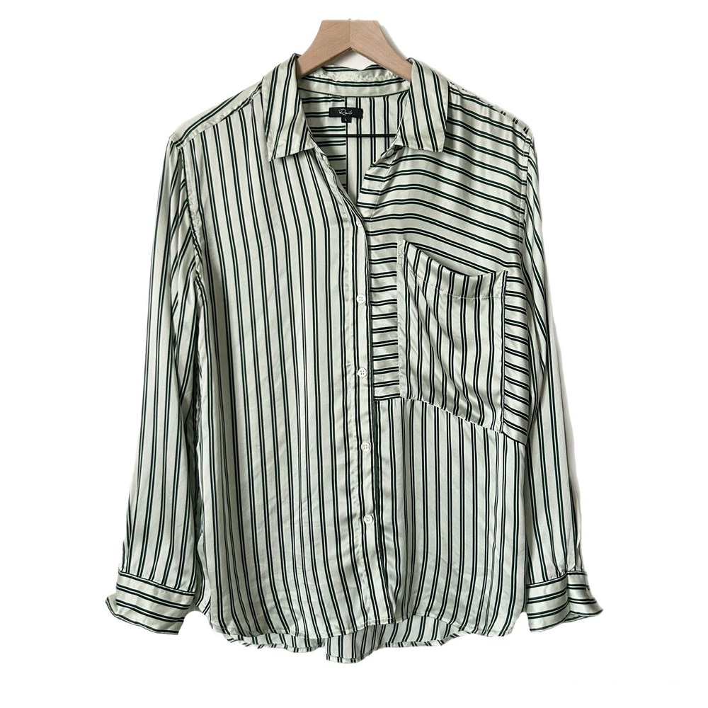 Rails Spencer Eden Stripe 100% Silk Button Down Shirt Green Ivory Size Large - Picture 2 of 6